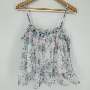 Lush Pink Blue Floral Ruffle Tank Camisole size Large Cottagecore Spring
